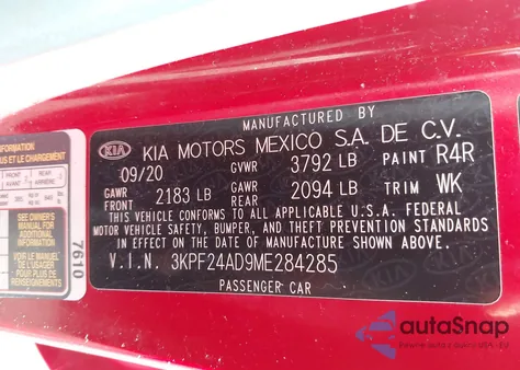 2021 Kia Forte Lxs from USA, damaged, VIN 3KPF24AD9ME284285